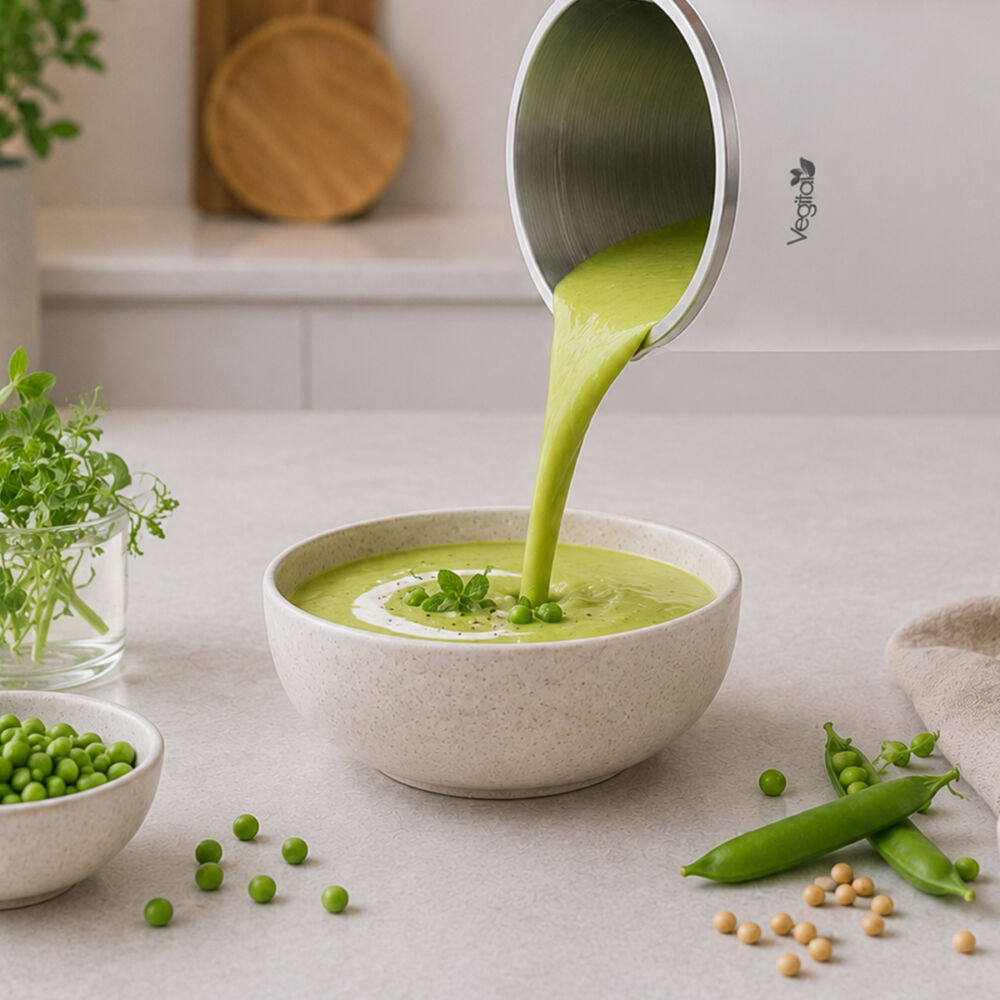 Zöld krémleves kiöntése a Vegital Silky kannájából egy tálba