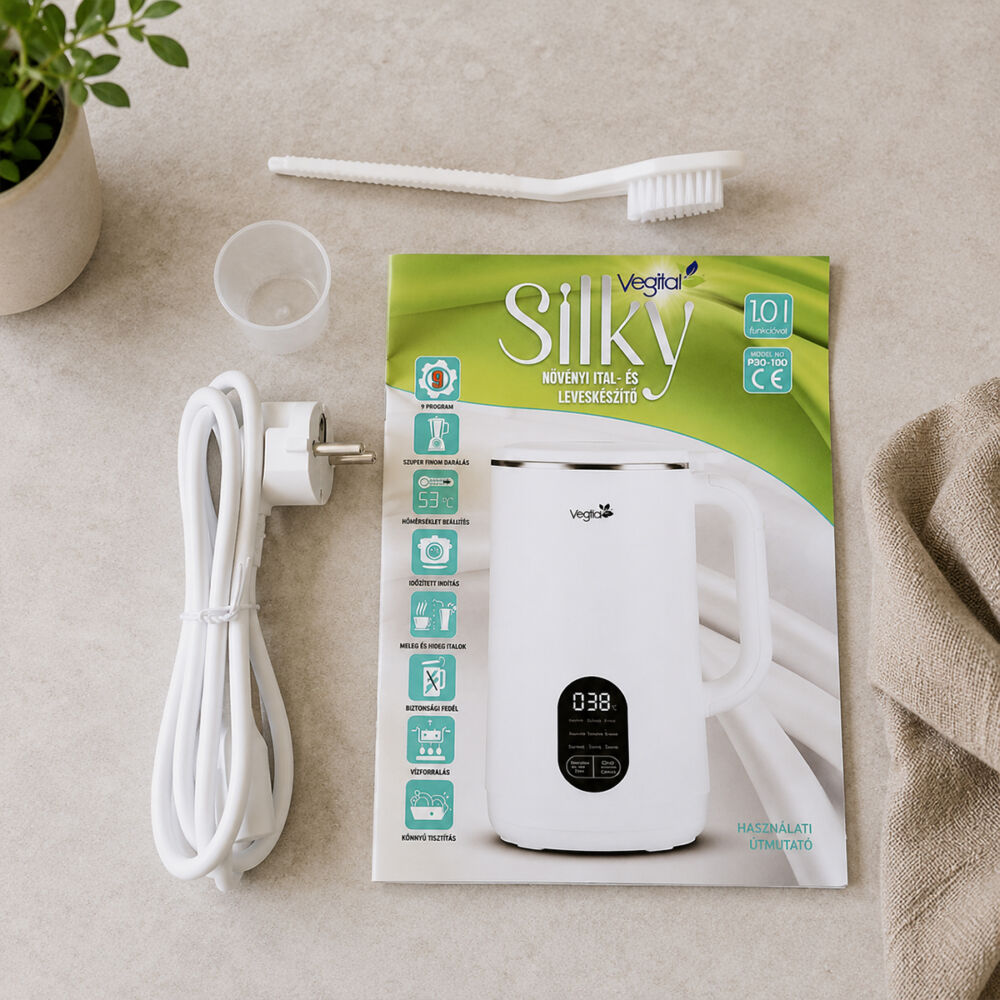 A Vegital Silky használati útmutatója, hálózati kábel és tisztítókefe